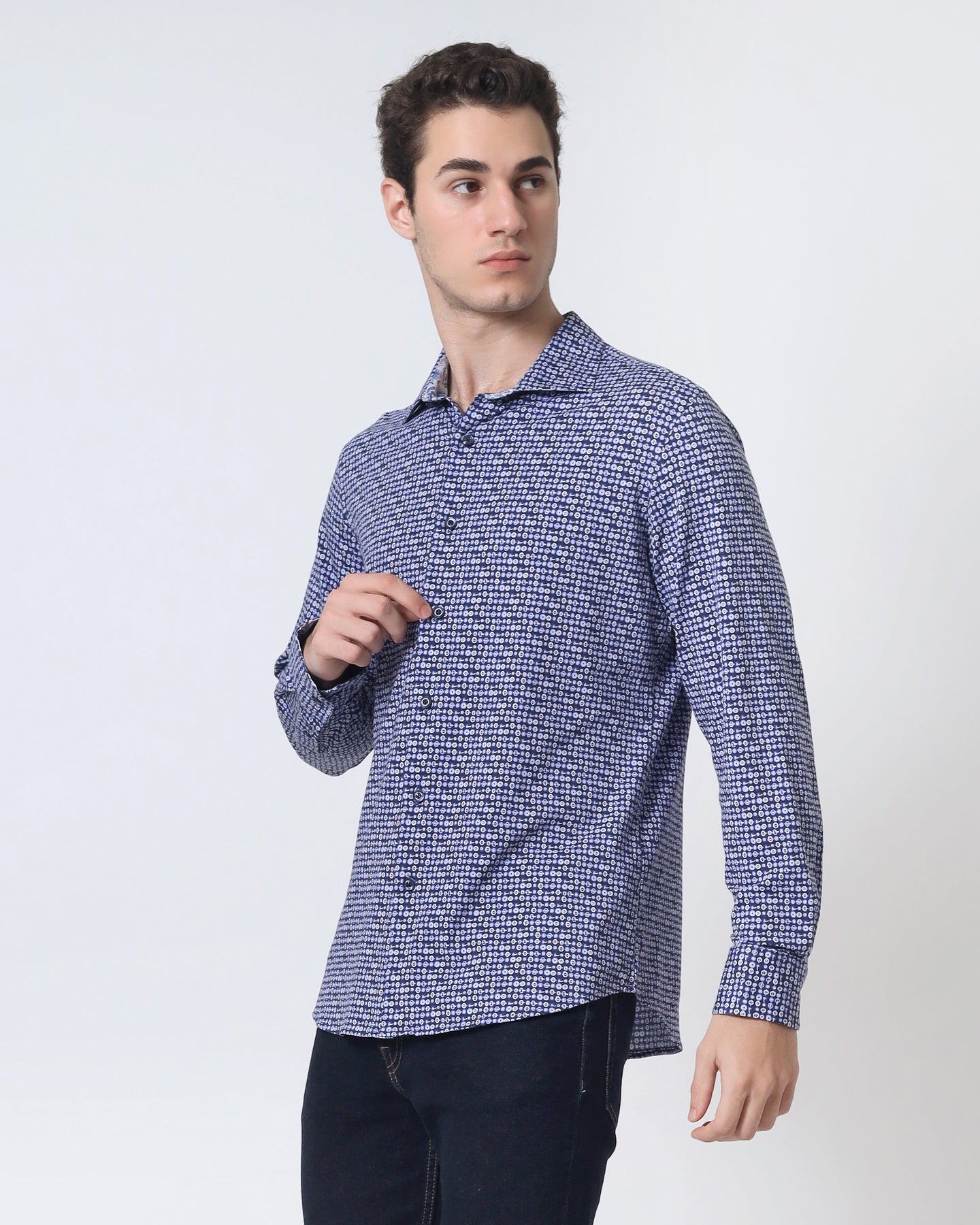 Quieti Modern Fit, Navy Geo Digital Print, Long Sleeve Knit Shirt in Woven style